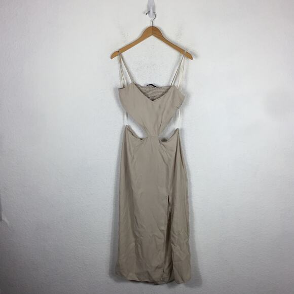 Zara Cream Cut Out Midi Dress Large Smocked Sleeveless Summer Lightweight - Picture 3 of 12
